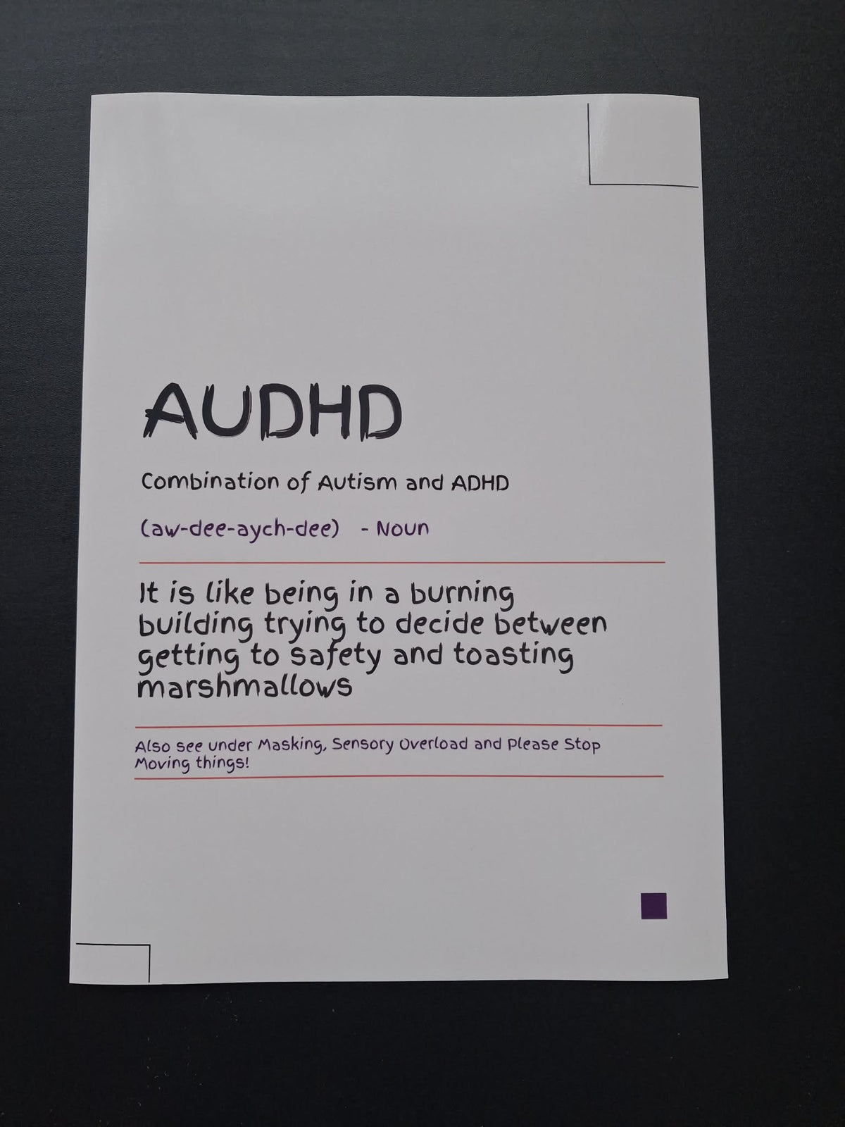 AUDHD "Burning Building & Toasting Marshmallows" Funny Definition Wall Art Print – Neurodivergent Gift