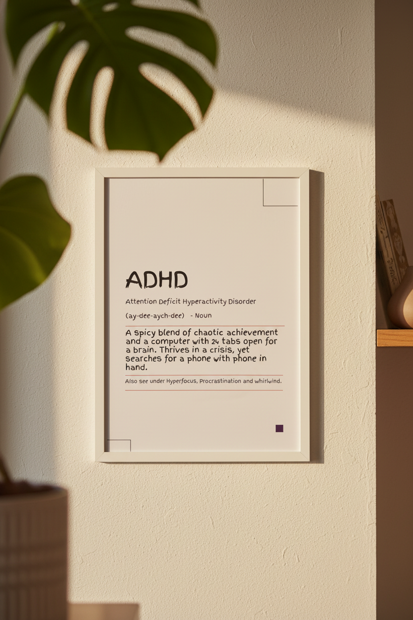 ADHD definition print in a white wooden frame hung on a light wall, lifestyle mockup