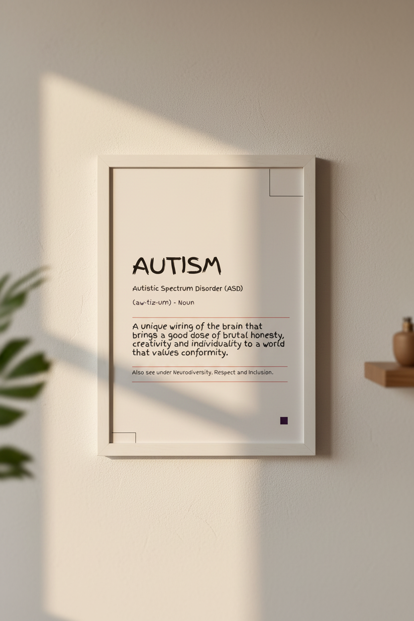 Autism definition print in a white wooden frame hung on a light wall, lifestyle mockup