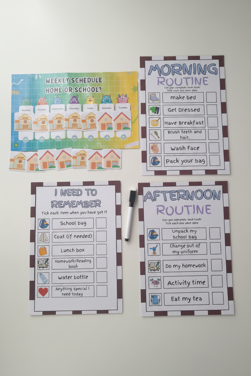 SEND Ready For School Bundle flat lay lifestyle mockup with AM PM routines and weekly schedule