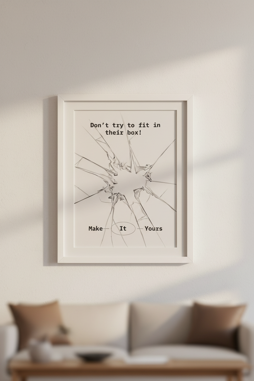 Don't Try To Fit In Their Box print in a white wooden frame, lifestyle wall mockup