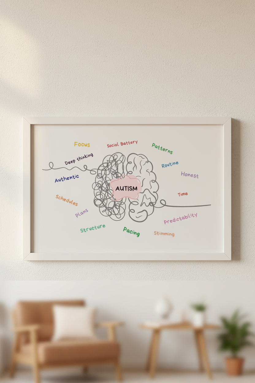 Autism brain word cloud print in a white wooden frame, landscape lifestyle mockup