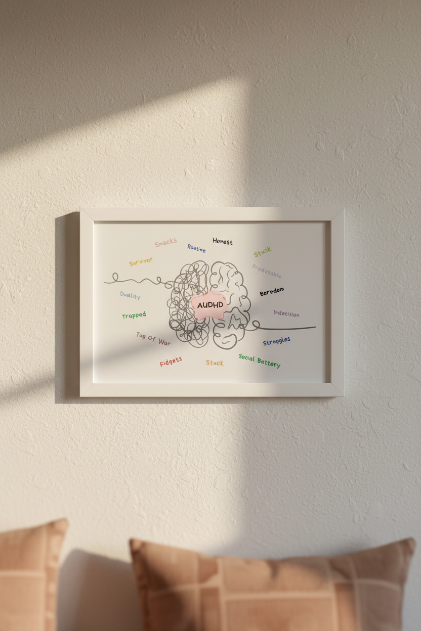 AUDHD brain word cloud print in a white wooden frame, landscape lifestyle mockup