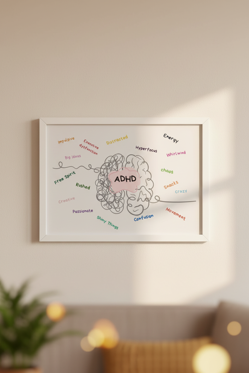 ADHD brain word cloud print in a white wooden frame, landscape lifestyle mockup