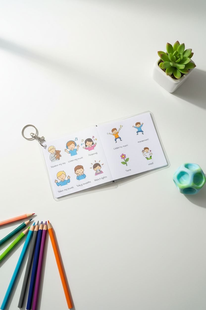 Sensory regulation keyring booklet flat lay lifestyle mockup