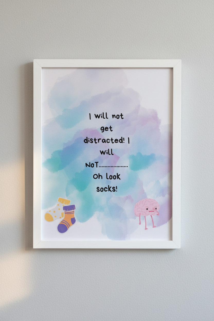 Oh Look Socks ADHD print in a white wooden frame, lifestyle wall mockup