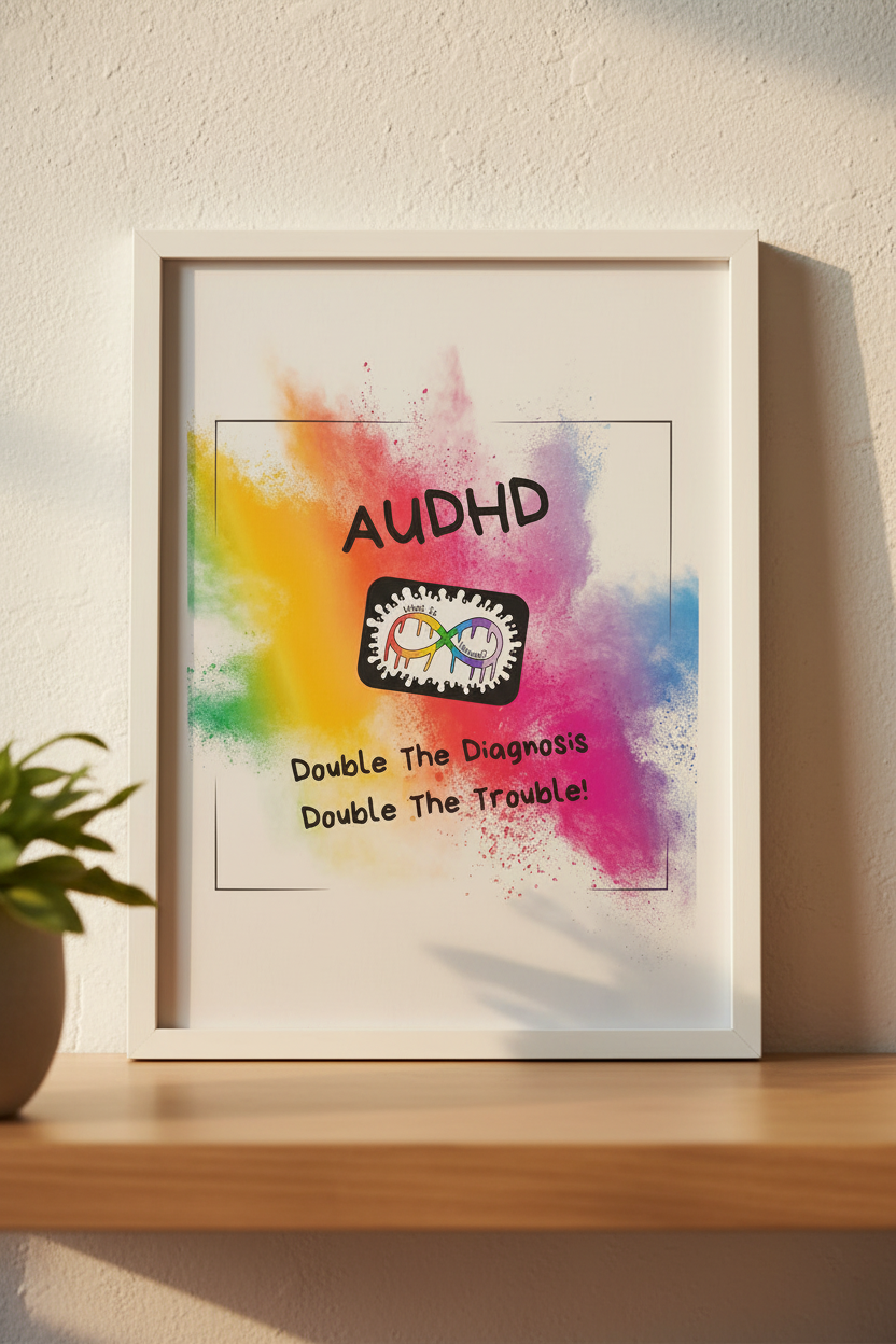 AUDHD Double The Diagnosis print in a white wooden frame, lifestyle wall mockup