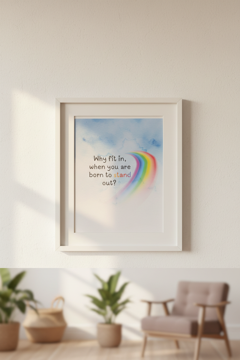 Why Fit In When You Are Born To Stand Out print in a white wooden frame, lifestyle wall mockup