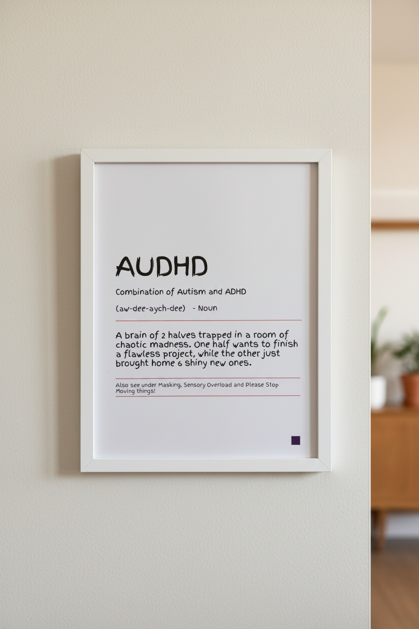 AUDHD Brain of 2 Halves definition print in a white wooden frame, lifestyle wall mockup