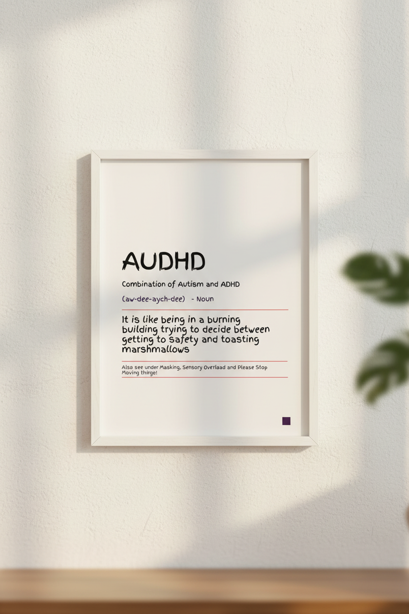 AUDHD definition print in a white wooden frame hung on a light wall, lifestyle mockup