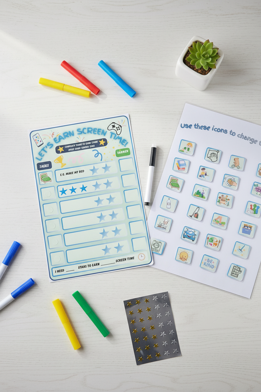 Wipe-clean reward chart flat lay lifestyle mockup