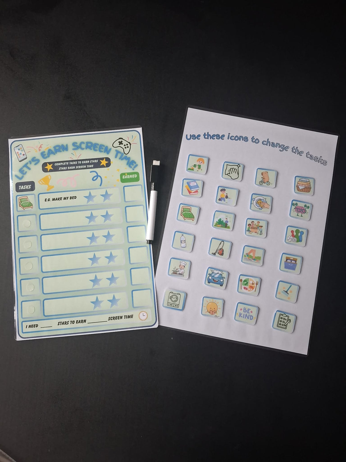 "Let's Earn Screen Time!" Wipe-Clean Reward Chart with Task Icons – SEND & Neurodivergent Children's Resource