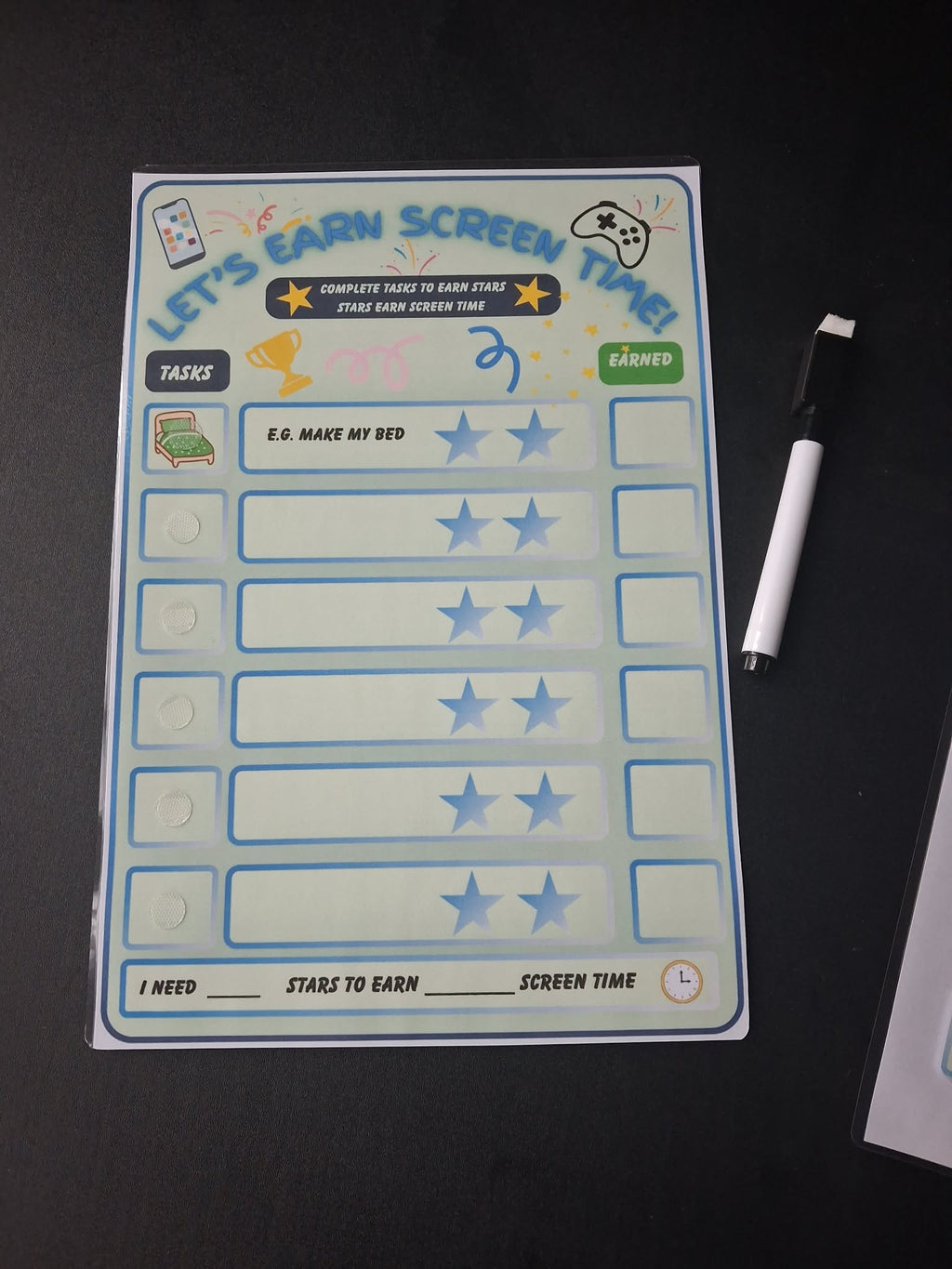 "Let's Earn Screen Time!" Wipe-Clean Reward Chart with Task Icons – SEND & Neurodivergent Children's Resource